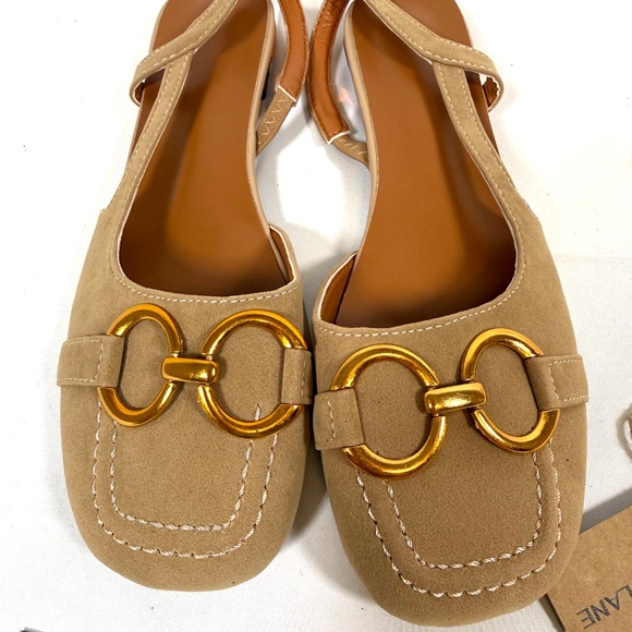 Harper & Lane Beige Suede Slingback Flats Gold Horsebit Low Heel Size 40 New - Picture 13 of 13